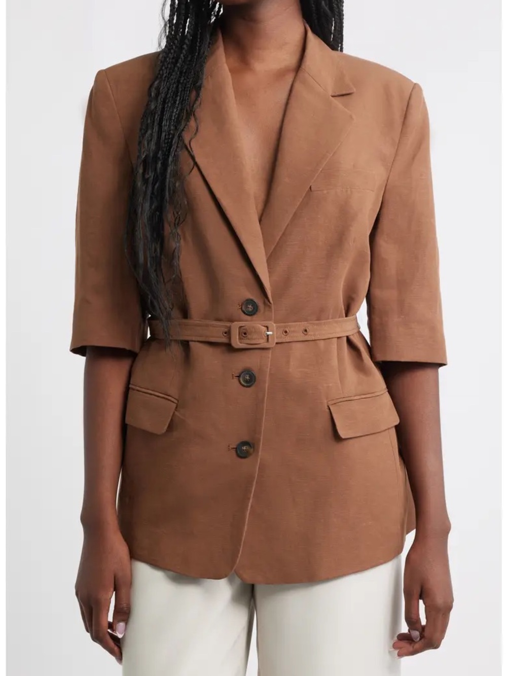 Mango Sz M Argelia Brown Linen Blend Short Sleeve Belted Minimalist Blazer